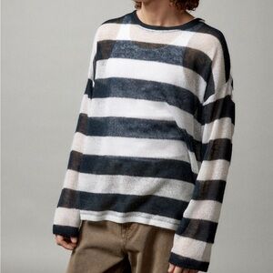 Sheer knit black and white stripe boxy top